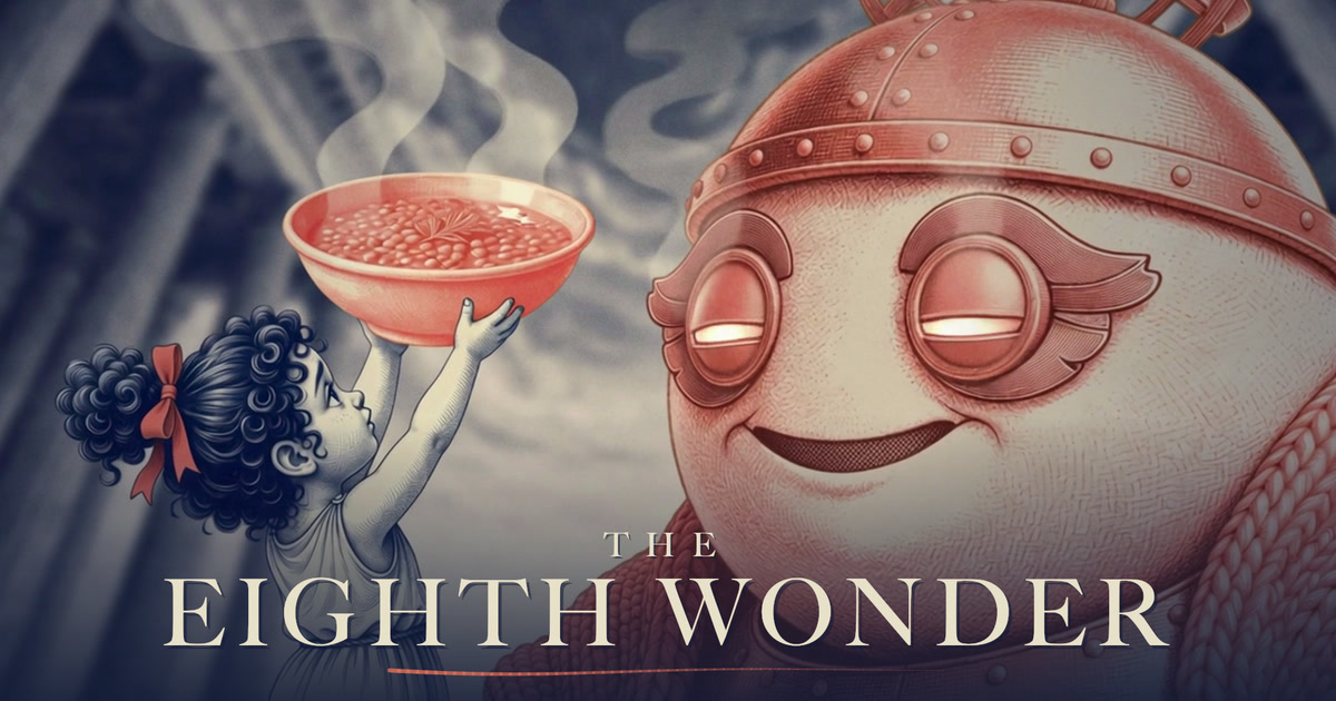 A child offers soup to an illustrated thinking machine in The Eighth Wonder