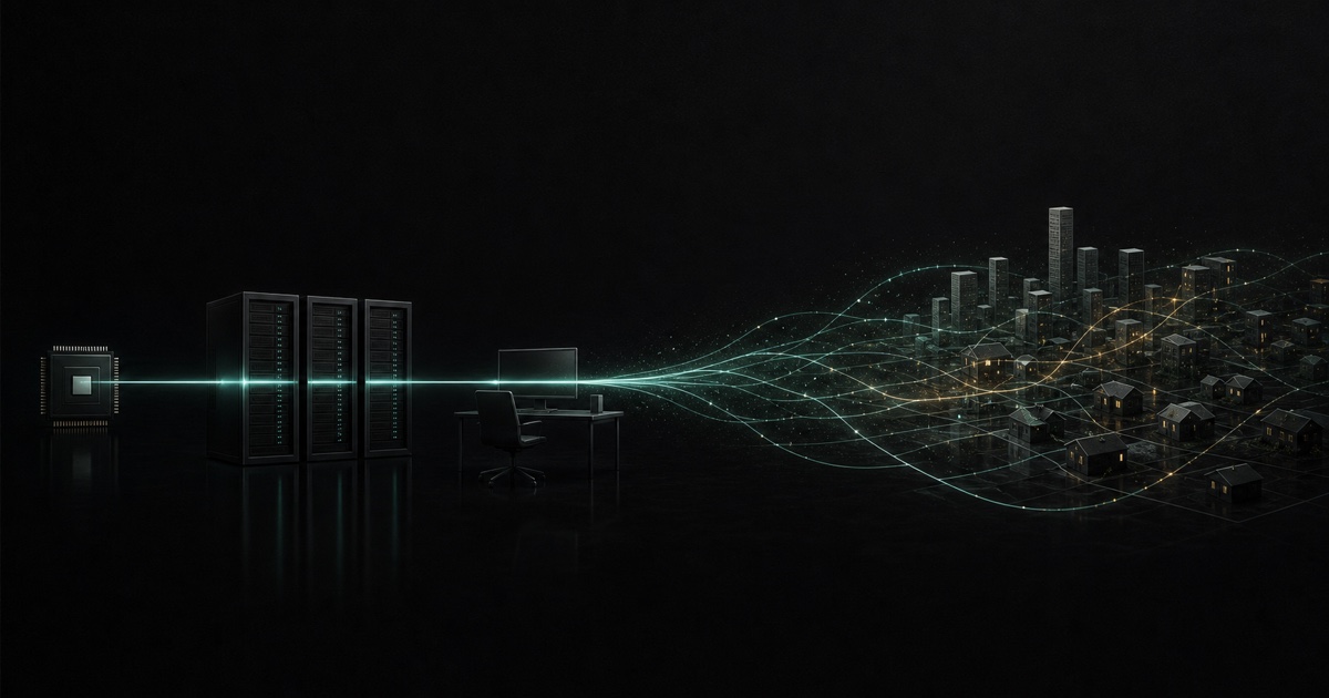 A luminous signal travels from a silicon chip through data-center racks and a workstation before dispersing through a city and household grid.