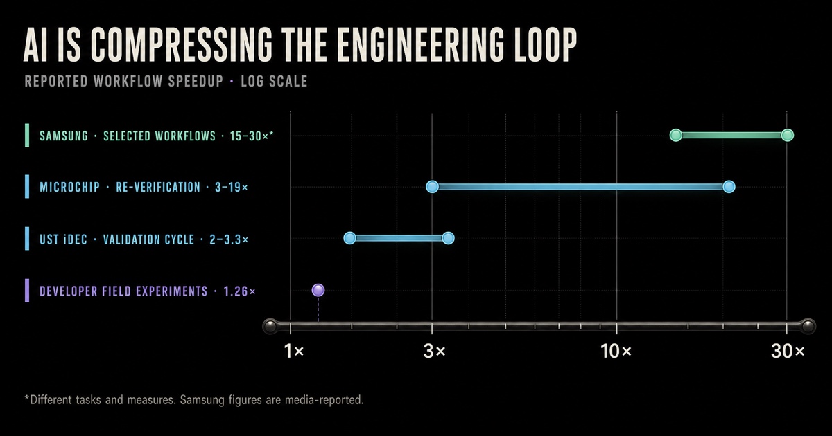 A minimalist log-scale technical plot compares reported AI-assisted engineering speedups: selected Samsung workflows at 15 to 30 times, Microchip re-verification at 3 to 19 times, UST iDEC validation at 2 to 3.3 times, and randomized developer field experiments at 1.26 times.