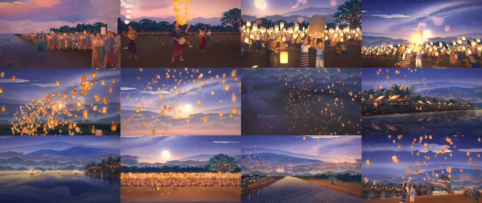 Twelve frames from Night of Ten Thousand Lanterns in a grid: villagers, musicians, children releasing lanterns, swarms of lanterns over mountains, a riverside village and the final release.