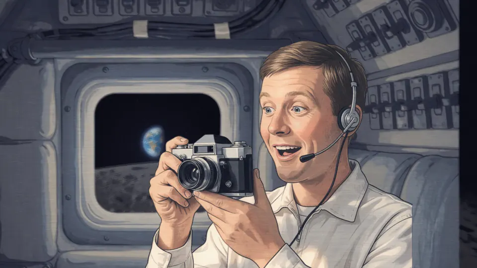 An astronaut grins as he raises his camera to the window.