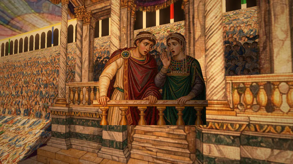 Two royal spectators in rich robes lean on a marble balcony, whispering.