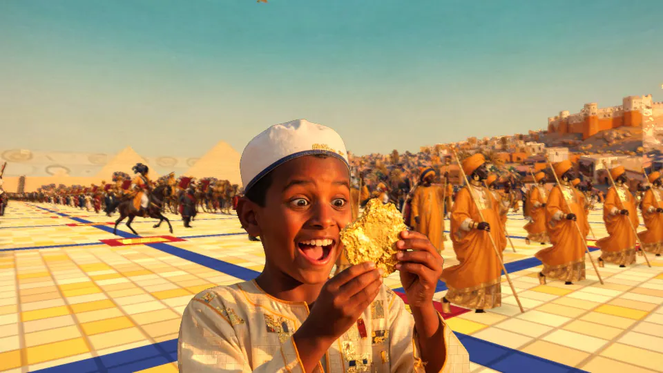 A boy gasps with delight at the piece of gold in his hands.