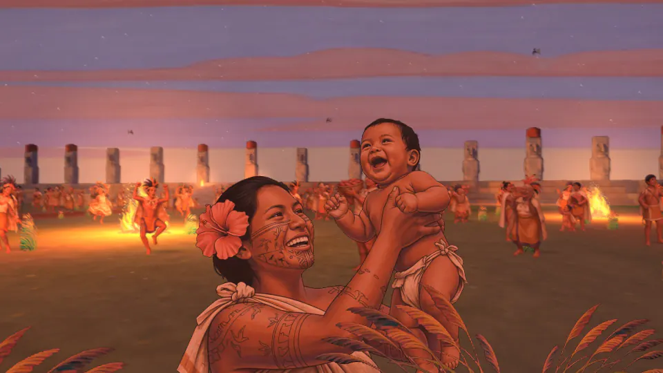 A smiling mother lifts her laughing baby into the air at an evening celebration.