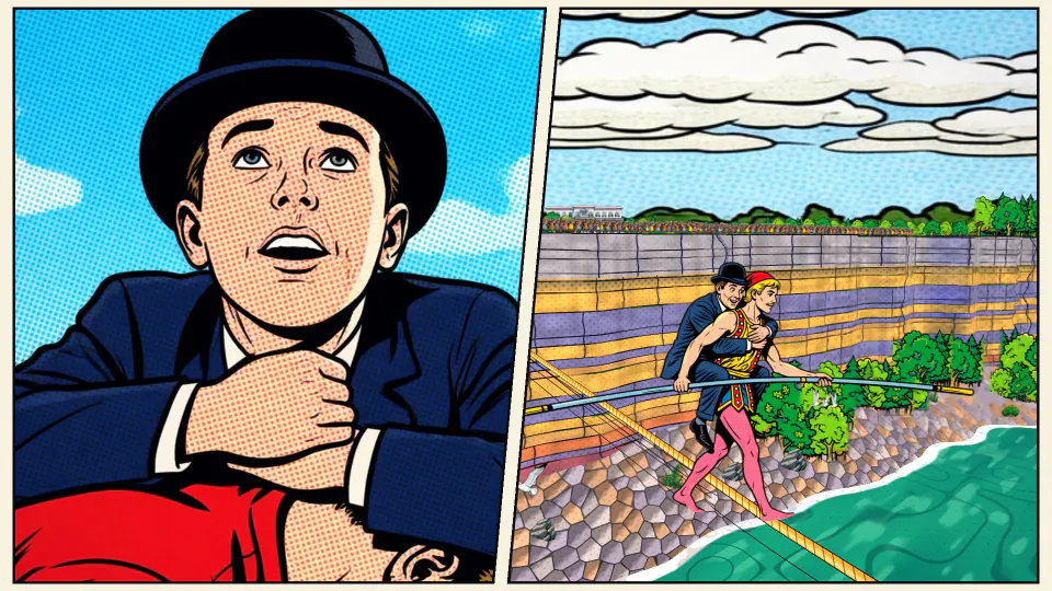 A comic panel of a man in a bowler hat staring upward, clutching his collar, beside a panel of Blondin on the rope.