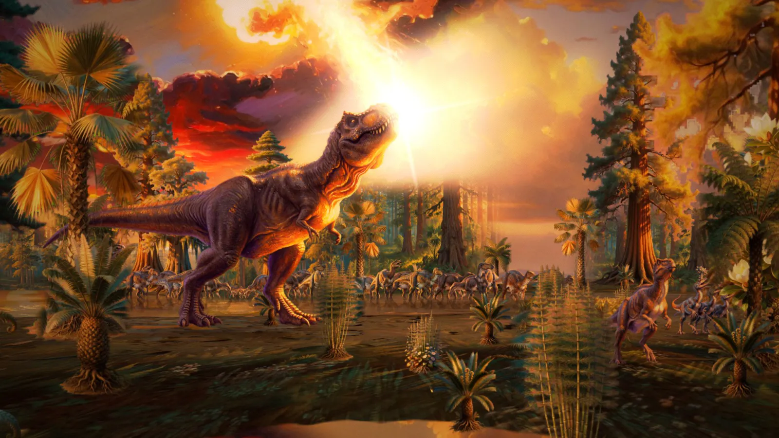 A tyrannosaur looks up as a blinding light fills the evening sky over a forest.