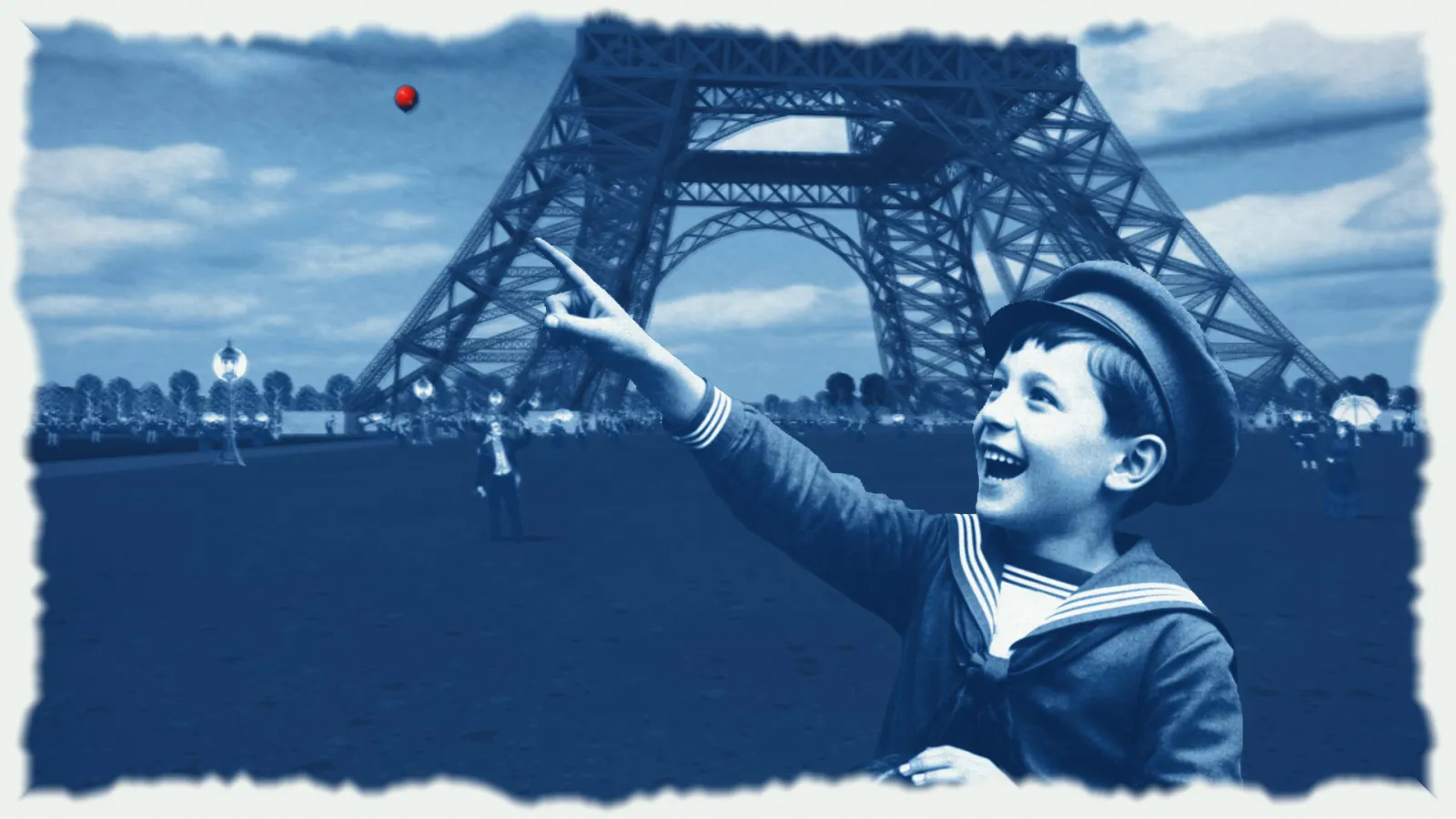 In cyanotype blue, a laughing boy points past the Eiffel Tower toward a small red balloon.