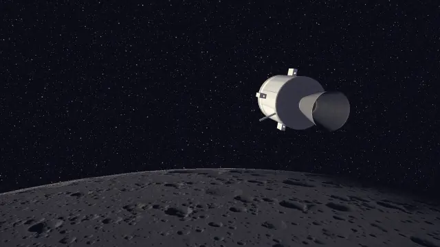 The spacecraft glides over the grey lunar horizon with no Earth in sight.