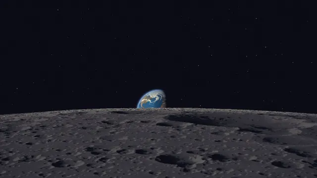 Half of the Earth has risen above the Moon's horizon.