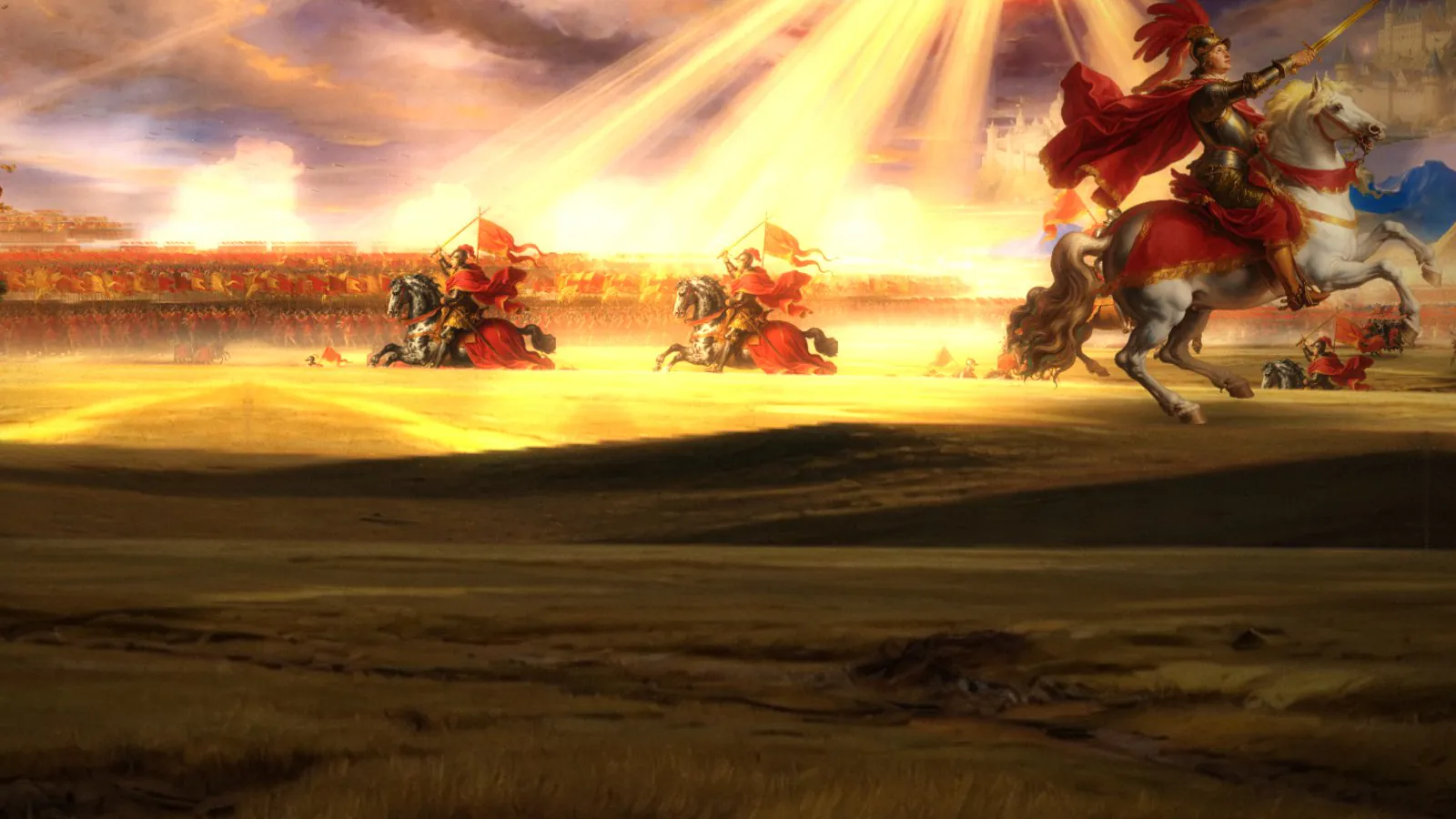 Red-cloaked knights on horseback charge across a golden plain beneath shafts of light.
