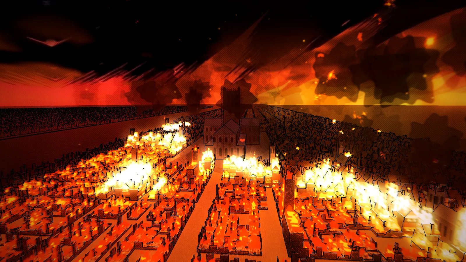 An ink-drawn London seen from above, with whole streets burning orange.
