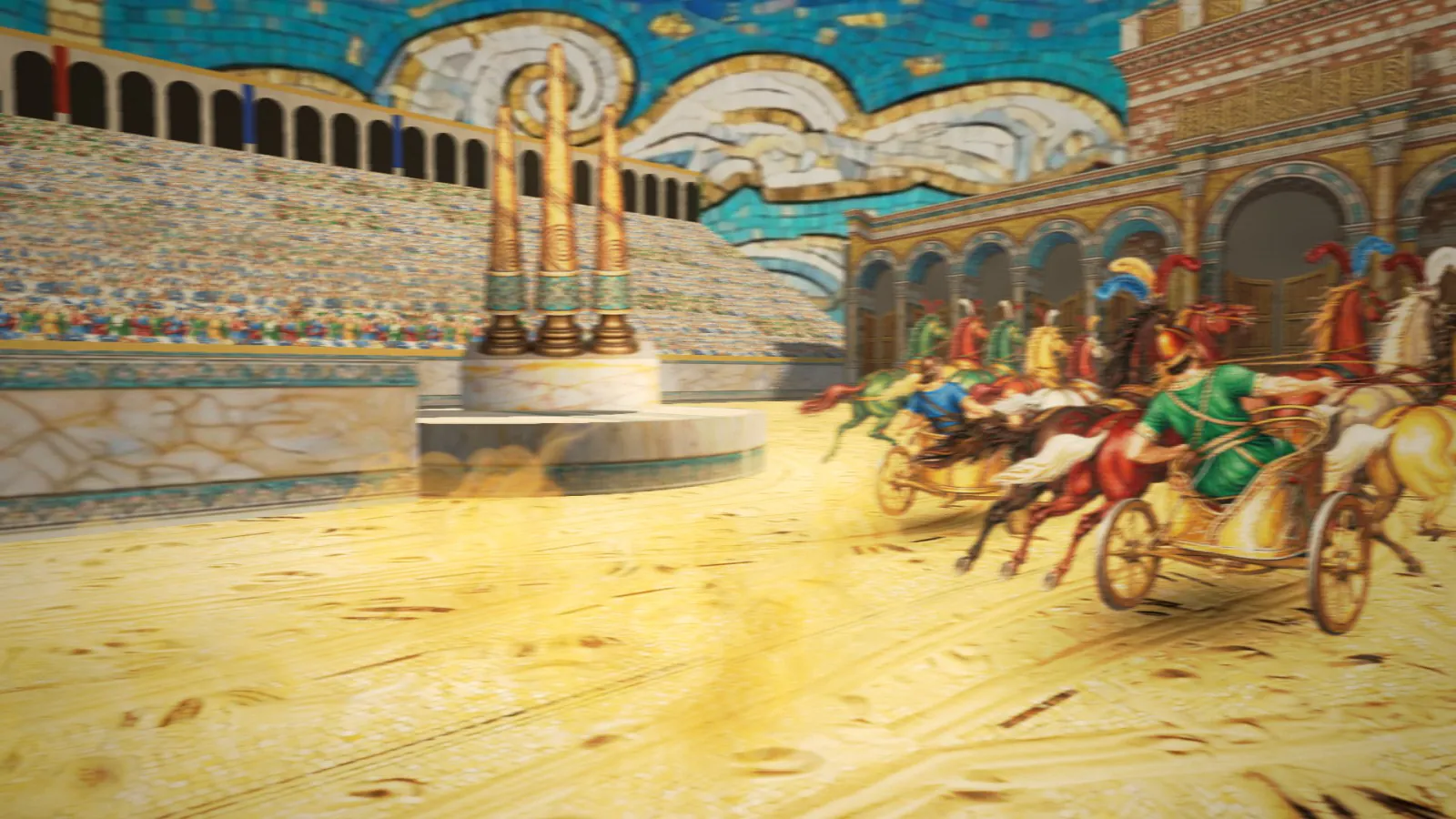 Chariot teams race past the turning post in a stadium made of mosaic tiles.