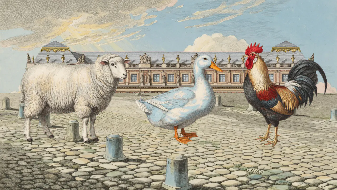 The same three animals cut out cleanly and standing in the cobbled courtyard of Versailles.