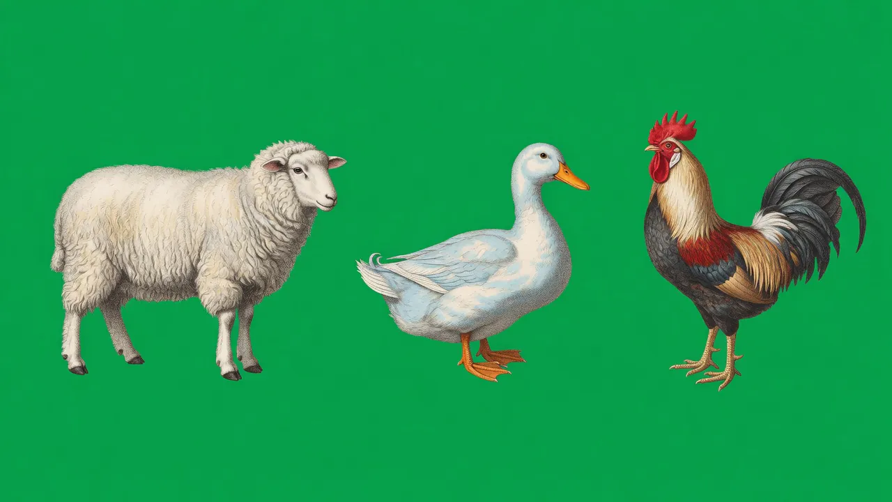 The raw generated image: a sheep, a duck and a rooster drawn as an engraving on a flat green background.
