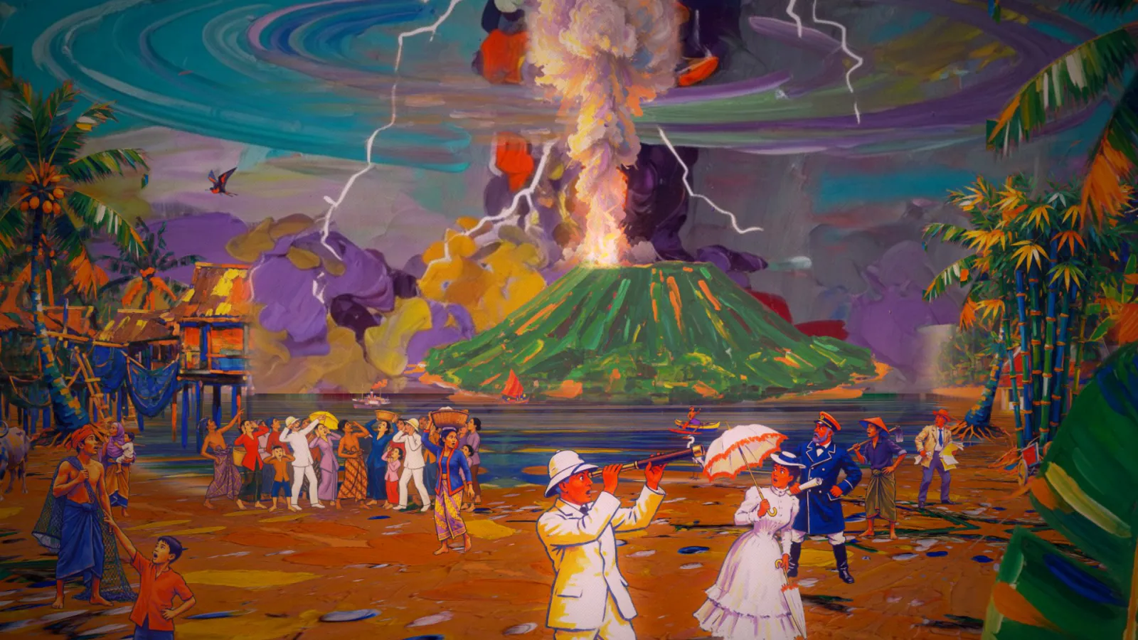 Krakatoa: the eruption column rises with lightning above a crowd of watchers on a painted tropical beach.