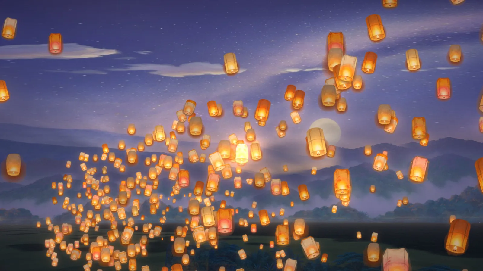 Hundreds of glowing paper lanterns drift up over misty blue mountains.