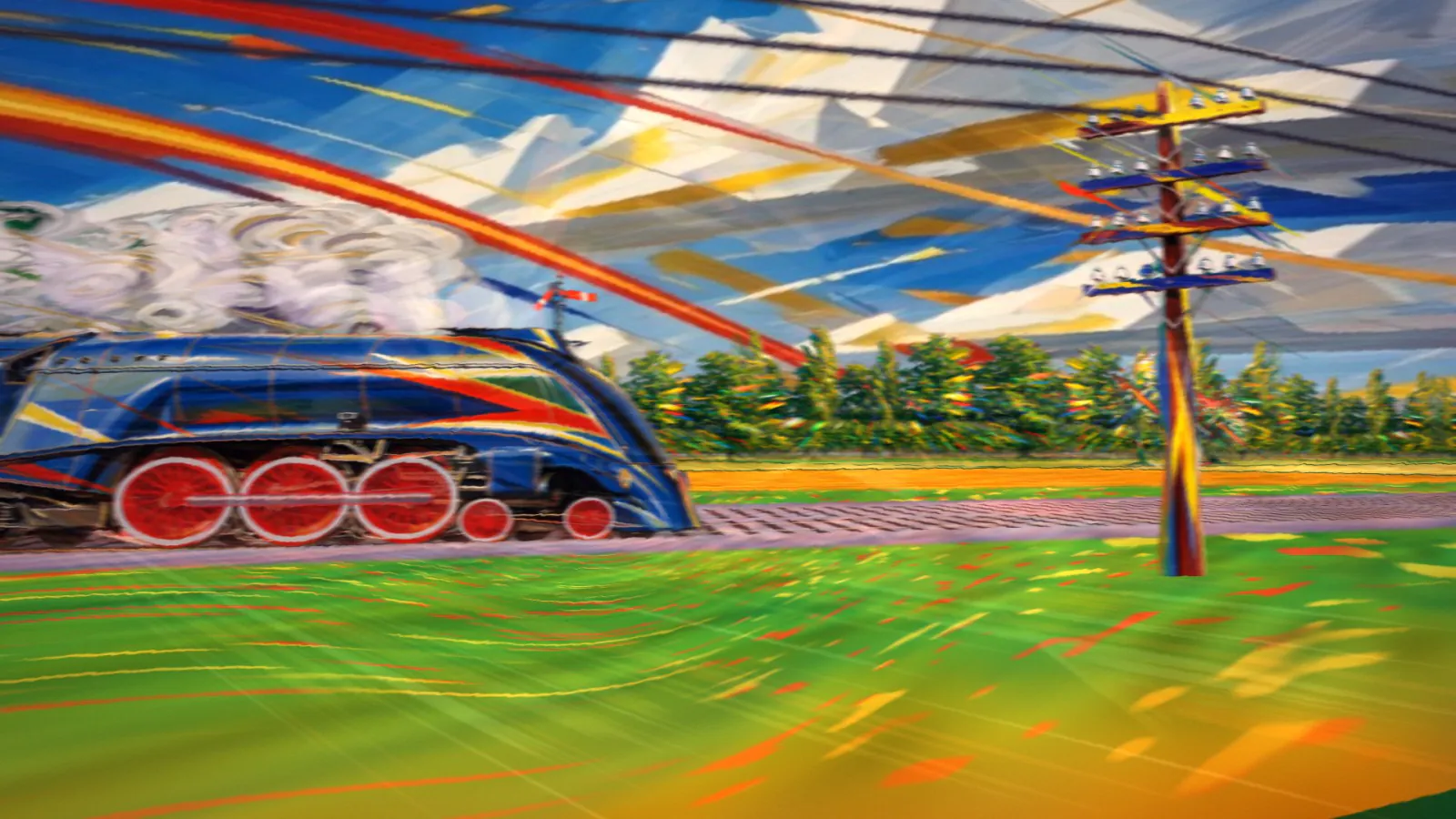 A blue streamlined steam locomotive with red wheels speeds through a Futurist landscape.