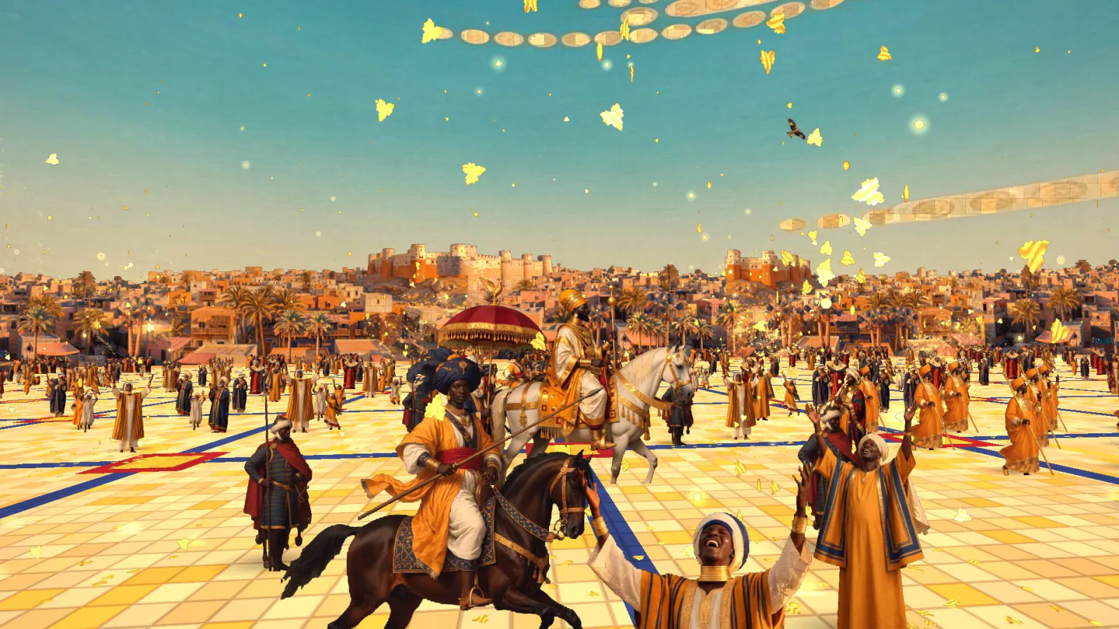 A royal procession on horseback crosses a golden square filled with cheering people.