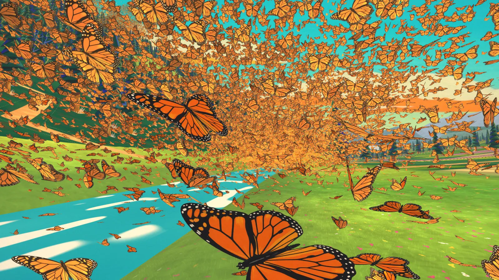 Thousands of orange monarch butterflies pour past the camera over a river valley in gouache.