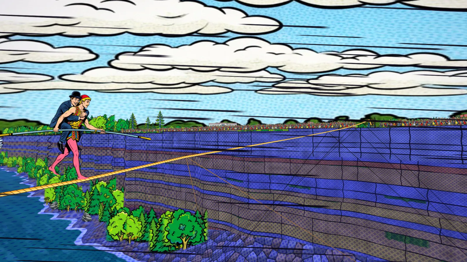 In a pop-art comic style, Blondin carries a man on his back along a rope above the gorge.