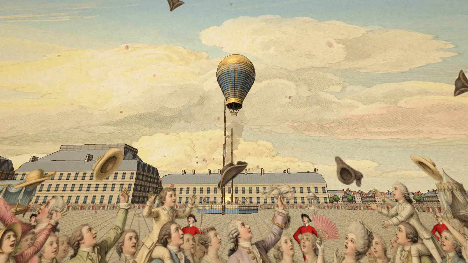 Courtiers throw their hats in the air as the balloon rises over the palace courtyard.